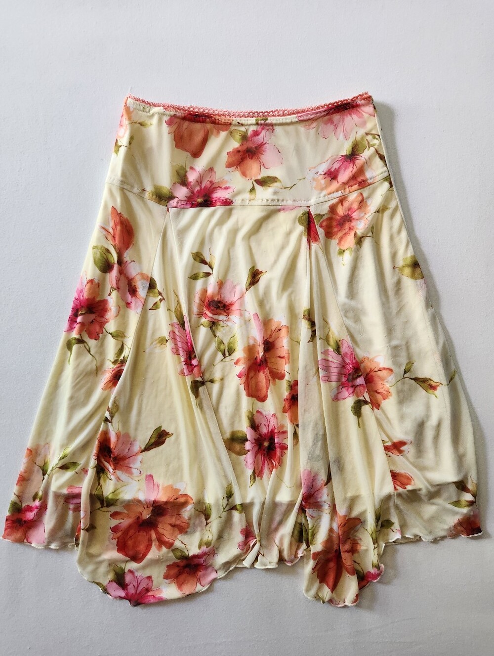 Vintage Y2K Fairycore Cottage Paper Doll Yellow Floral Chiffon Midi Skirt Sz 9